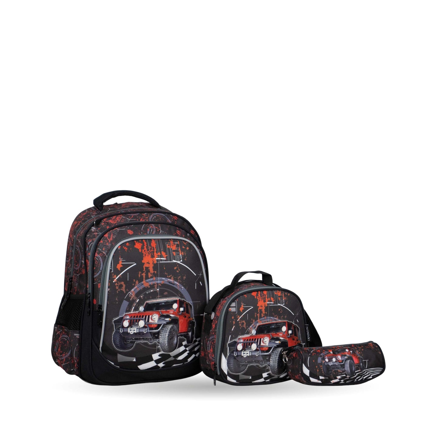فانتاستيك، طقم حقائب مدرسية، ٣ قطع، تصميم سيارة، نمط أسود وأحمر XT082