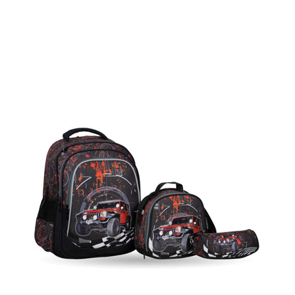 فانتاستيك، طقم حقائب مدرسية، ٣ قطع، تصميم سيارة، نمط أسود وأحمر XT082