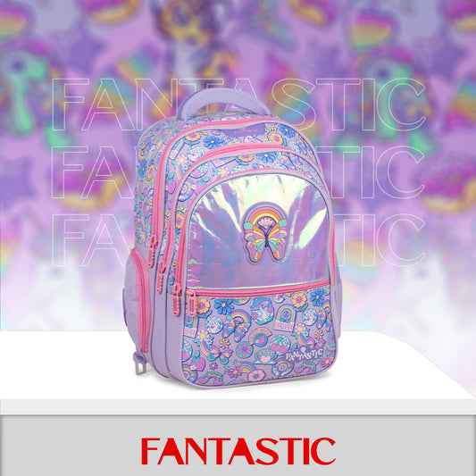 QY001 حقيبة ظهر مدرسية للأطفال، تصميم حلويات وفراشات، 25 لتر، 3 حجرات، بنفسجي ووردي، 40×30×15 سم