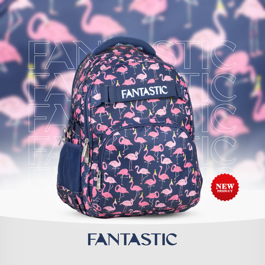 ODS3 حقيبة ظهر مدرسية فانتاستيك، نمط الفلامنجو، لون كحلي وردي،18 بوصة, جيوب متعددة، مناسبة للأطفال