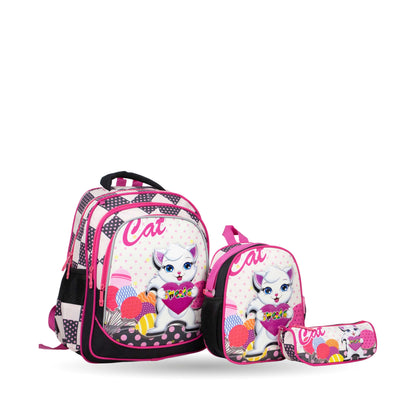 فانتاستيك، طقم شنط مدرسية للبنات، ٣ قطع، تصميم قطة جميل، لون وردي وأبيض