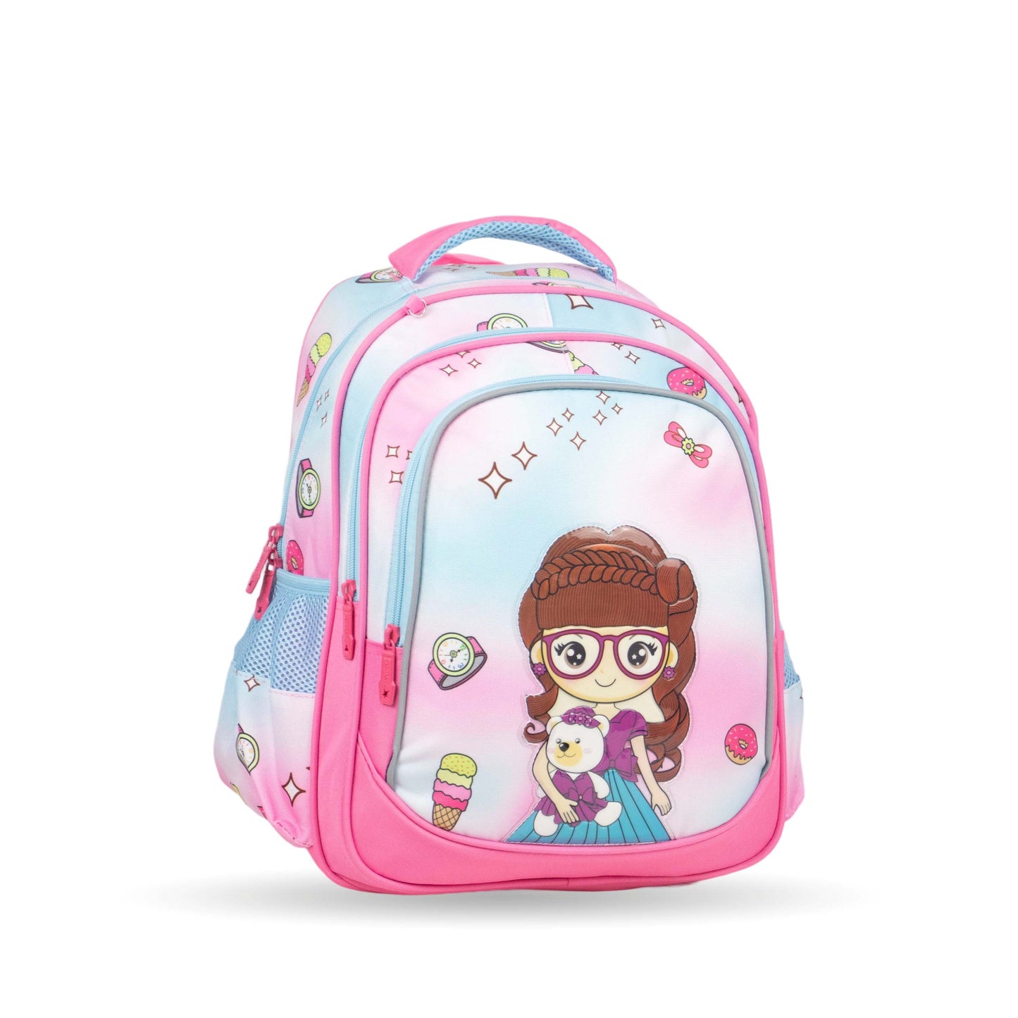 XT082 فانتاستيك، طقم شنط مدرسية للبنات، ٣ قطع، تصميم كرتوني جذاب، لون وردي وأزرق